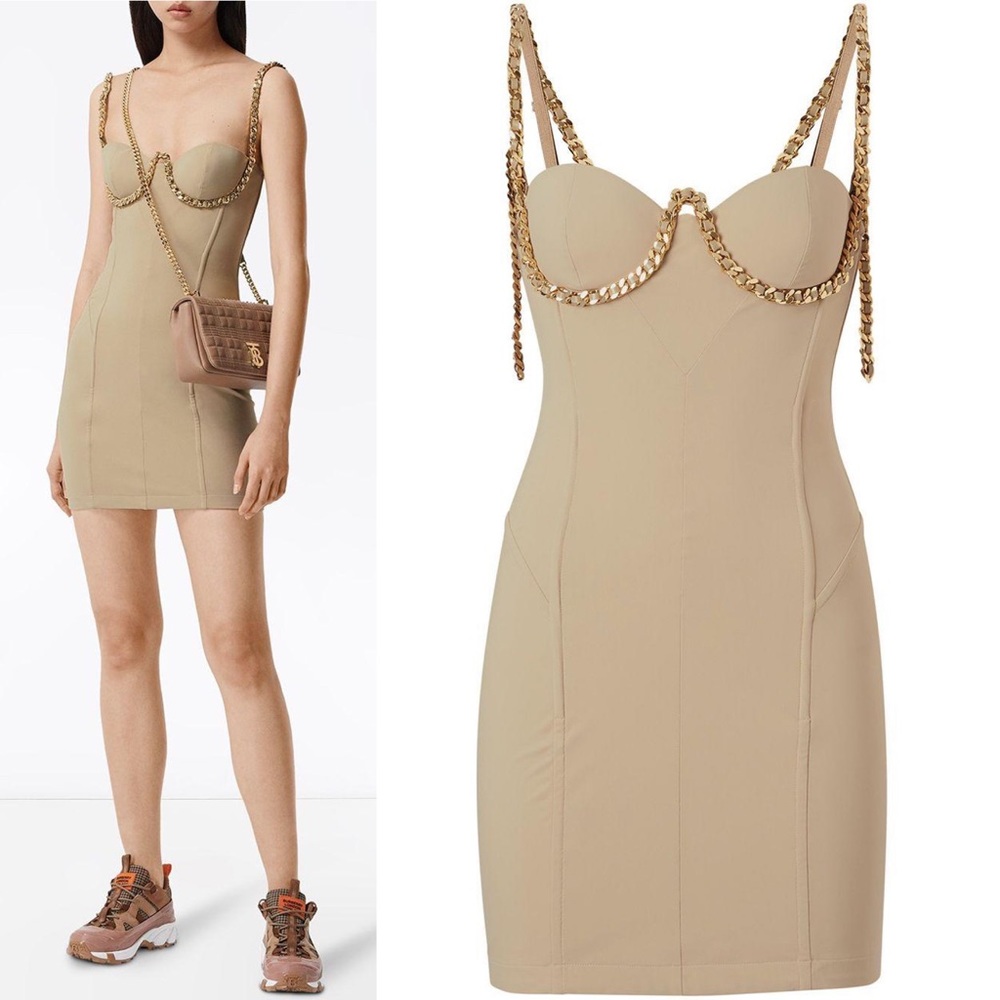 Burberry Natural Chain-trim Corset Bodycon Mini Dress in Honey Gold